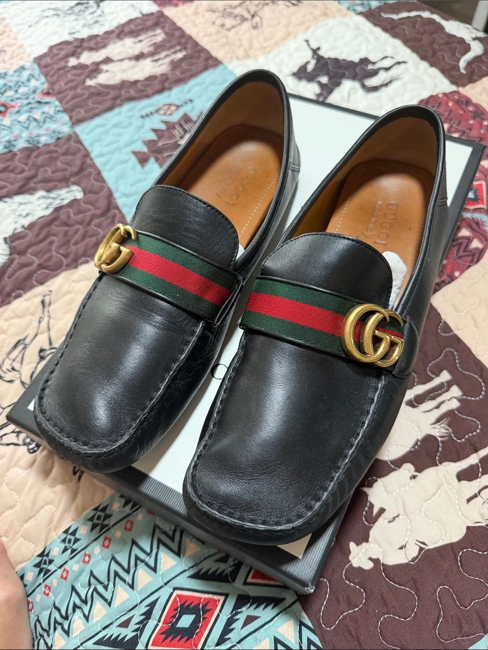 Gucci Black Leather Loafers with Green-Red Web and Gold Double G